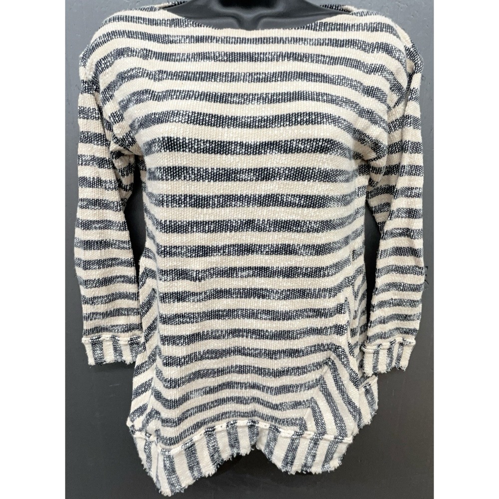 Soft Surroundings Sweater S Blue Cream Stripe Raw Hem Preppy Coastal Nautical
